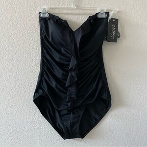 NWT Jantzen Women Swimsuit Sz 12 Black Slimming Removable Halter Strap One Piece